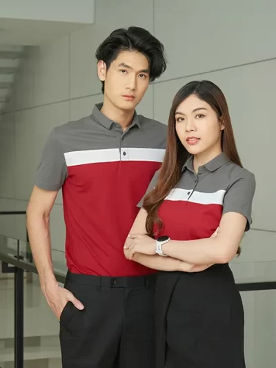 เสื้อยูนิฟอร์มโปโลคลาสสิก สีเทาขาวแดง