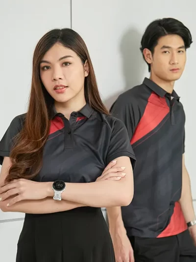 เสื้อยูนิฟอร์มโปโลแนวสปอร์ต พิมพ์ซับลิเมชั่น โทนสีดำแดง