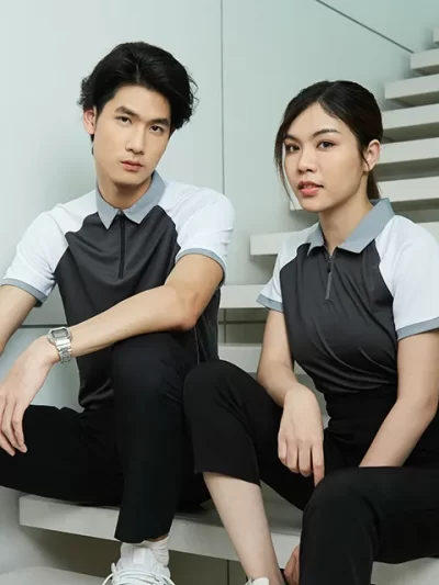 เสื้อยูนิฟอร์มโปโลแนวสปอร์ต คอปก โทนสีเทาขาว